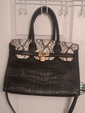 Black Croc-Embossed Tote with Snake-Print Trim and Gold Lock Faux Leather